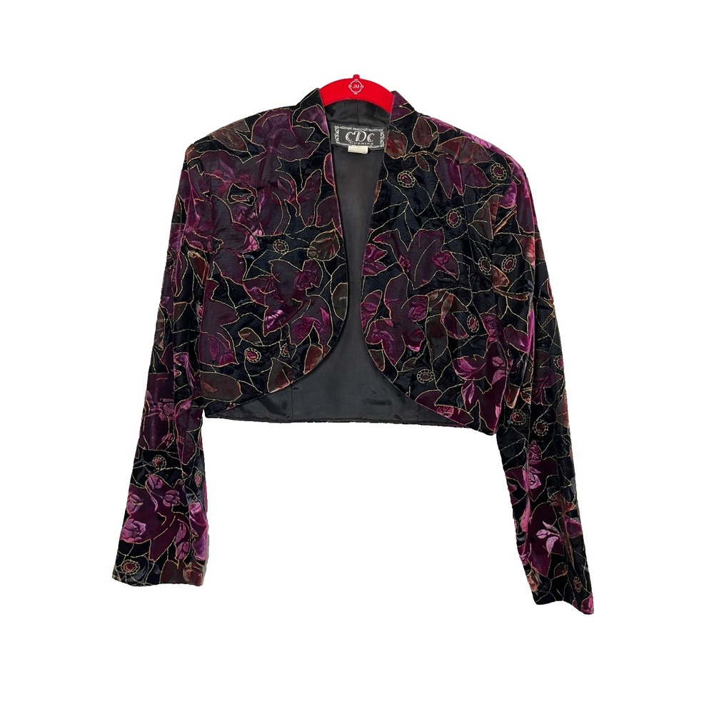Vintage Colorful Velvet Floral Metallic Crop Jacket 8 Boho Festival 90s Burnout